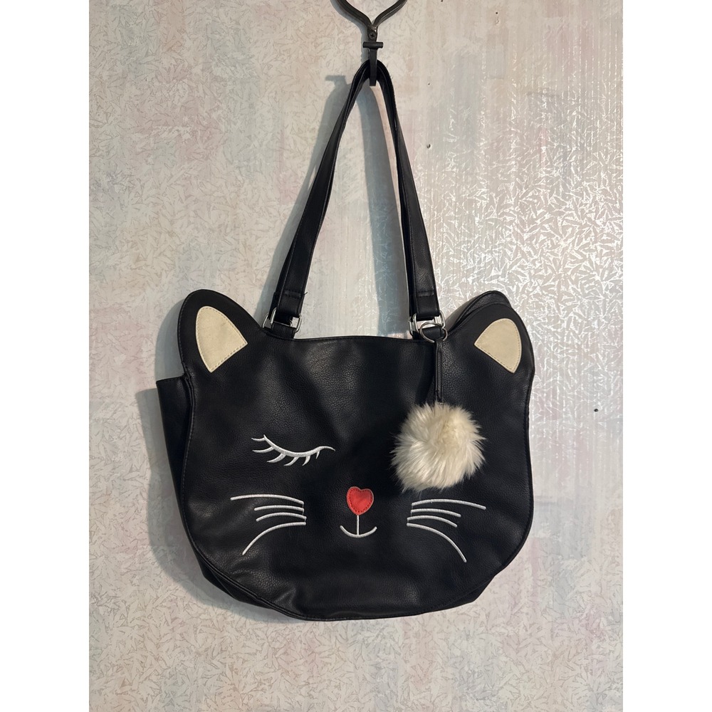 Black Faux Leather Cat Face Tote Bag with Pom Pom Charm Novelty Shoulder Bag
